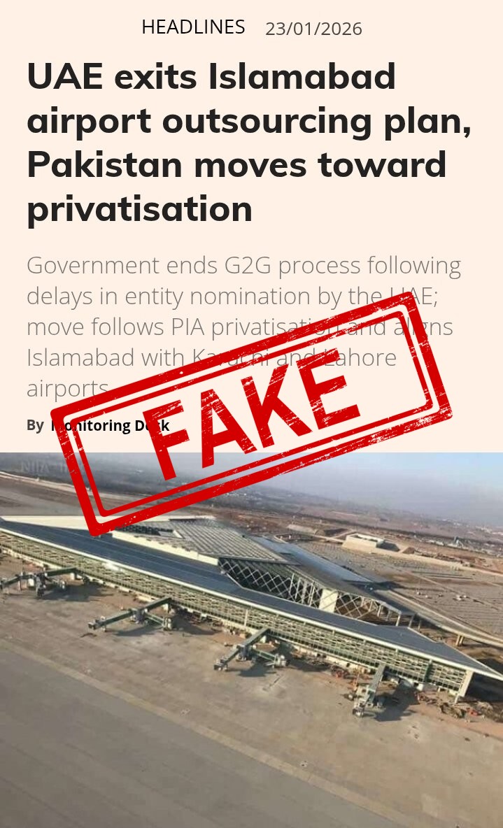 Fake Debunk: MASSIVE SETBACK TO PAKISTAN FROM UAE UAE exists Islamabad airport outsourcing plan. Pakistan is now 
