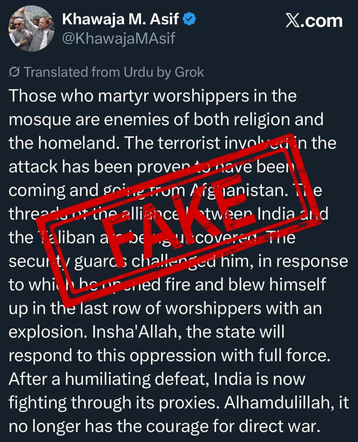 Fake Debunk: #BREAKING: Afghan Taliban hits out at Pakistan after baseless allegation by Pakistan Defence Ministe