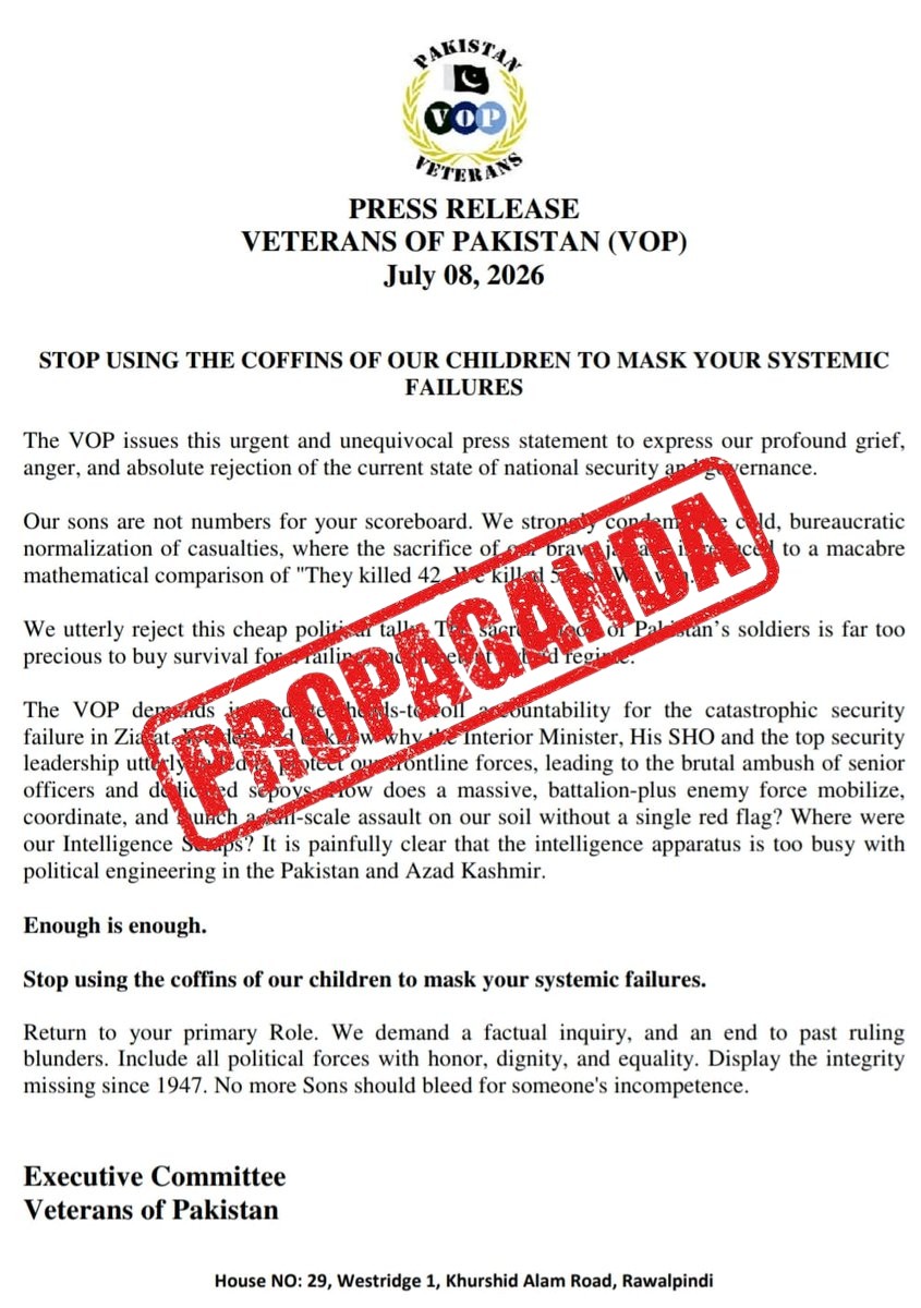 Fake Debunk: 🚨 "ENOUGH IS ENOUGH."  

Soon after the DG ISPR's press conference, the "Veterans of Pakistan (VO