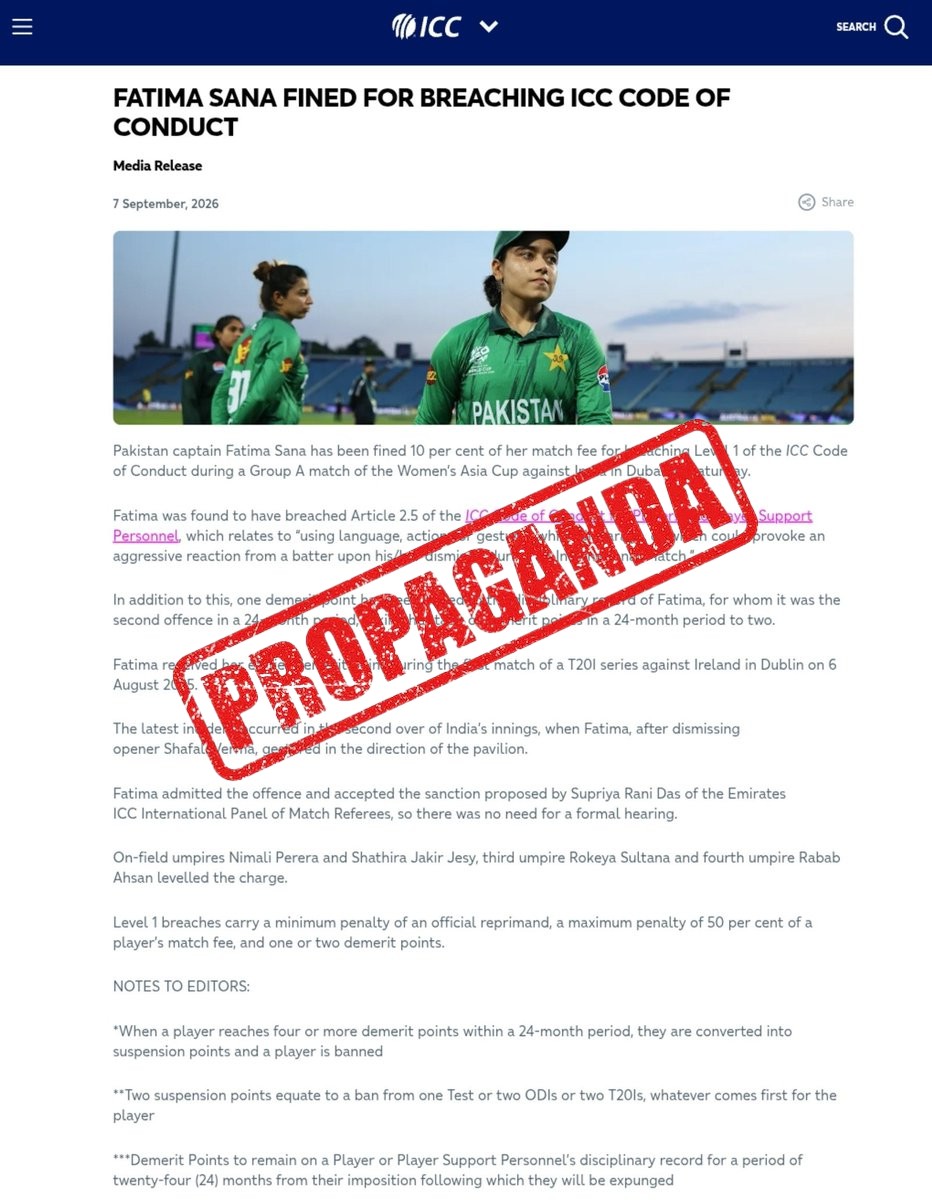 FACT CHECK: Fake News Alert - Pakistan cricket captain Fatima Sana has been fined 10% of h...